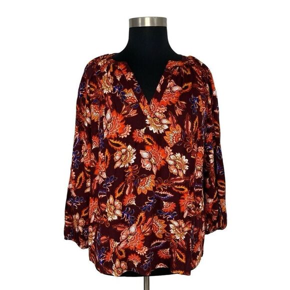 Old Navy 3X Orange Long-Sleeve Split-Neck Top Redwine Vinegar Boho Floral - Picture 4 of 11
